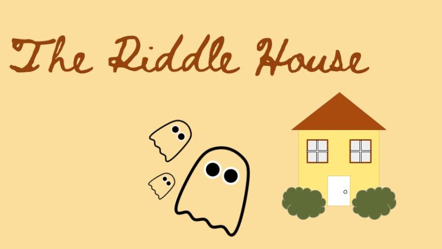 An image of the Riddle House with three cartoon ghosts. 