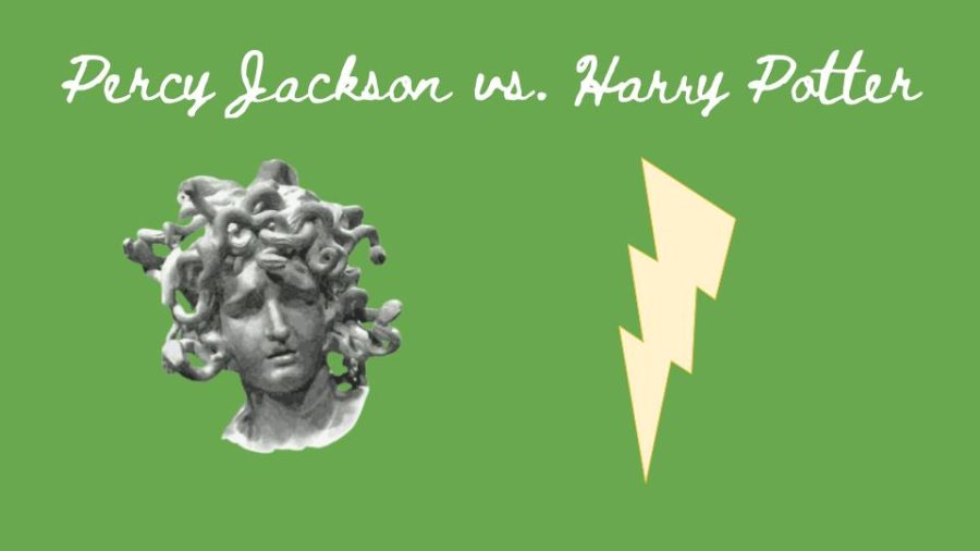 Text "Percy Jackson vs. Harry Potter" with Green Background, Sculpture, & Lightning Bolt Clipart