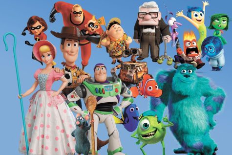 Blue Background Image with Various Animated Characters from PIXAR Films