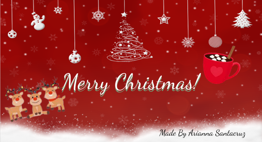 Red+Background+with+Reindeer%2C+Christmas+Tree%2C+Hot+Chocolate%2C+and+Text+Merry+Christmas%21