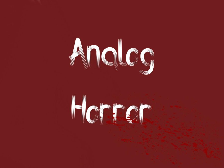 A red title card with the words 'Analog Horror' written on it, a blood splatter in the far corner