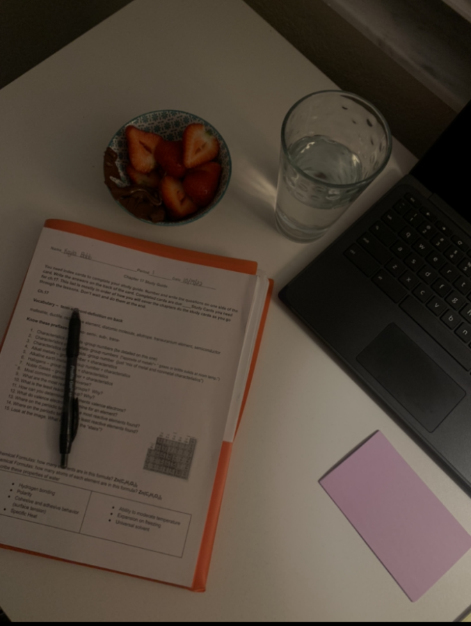 Homework and computer on desk 