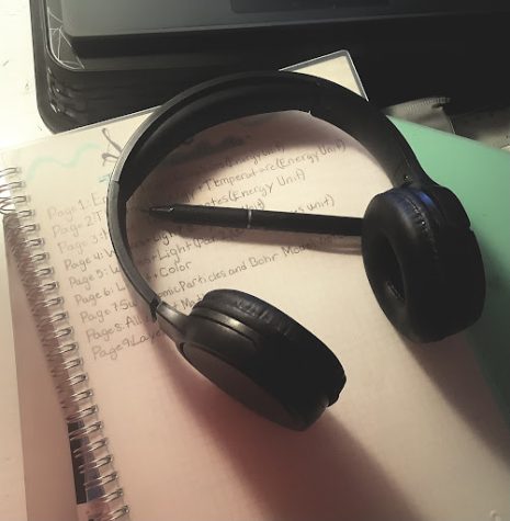Headphones resting on a notebook 