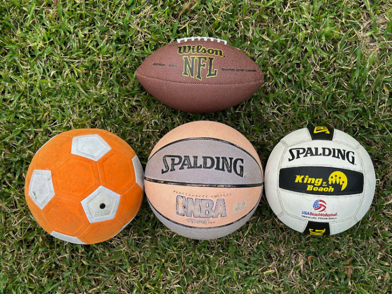 Four sports balls on grass field
