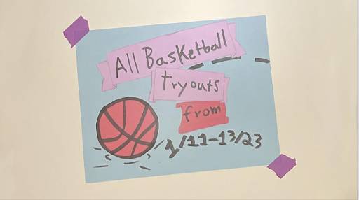 A basketball on the ground and text saying “All Basketball tryouts from 1/11-13/23”