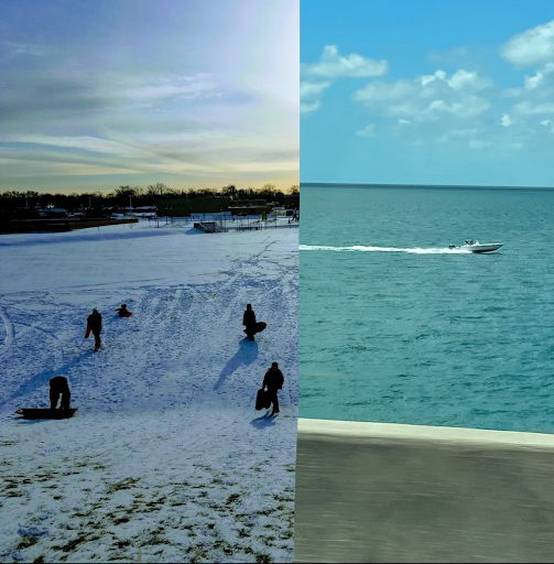 A photo of people sledding in the snow and an ocean with a boat
