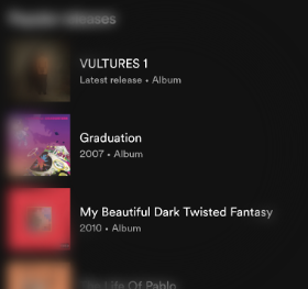 Screenshot of Kanye West’s albums on Spotify 