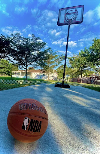 Basketball by a basketball hoop in the sun.