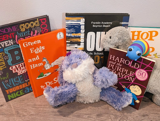 Toddler-related items such as childrens books, toys, and elementary school yearbooks.