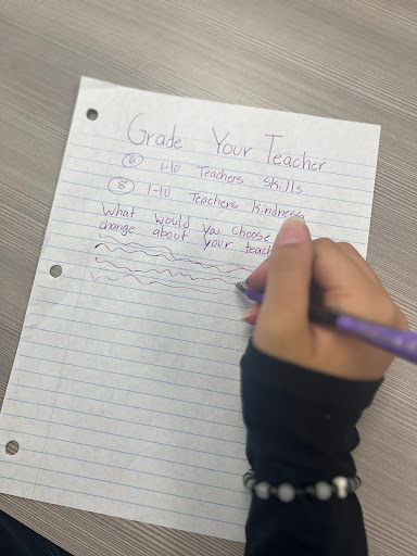 Student writing down on a piece of paper titled “Grade Your Teacher” with a purple pen.