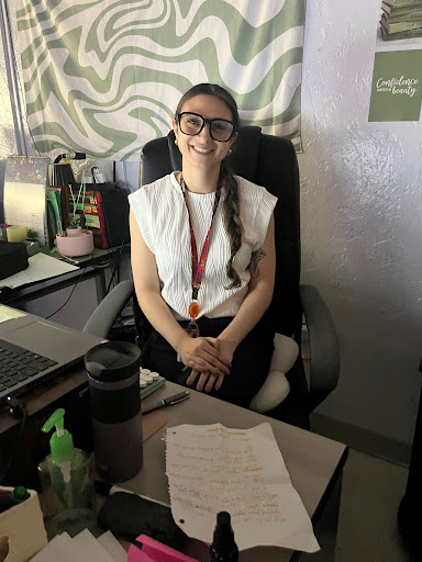 Mrs Spalla at her desk.