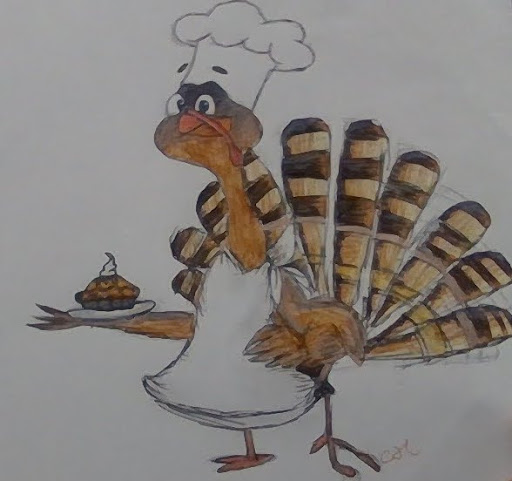 A drawing of a Thanksgiving turkey.