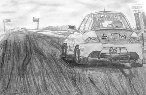 A drawing of a car on a race track.