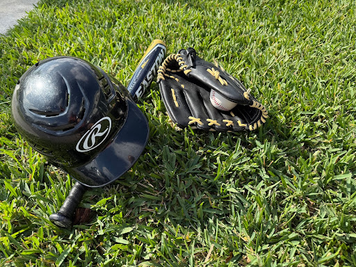 Picture of a helmet, bat, glove, and baseball.