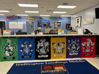 The 6 house banners in the main office