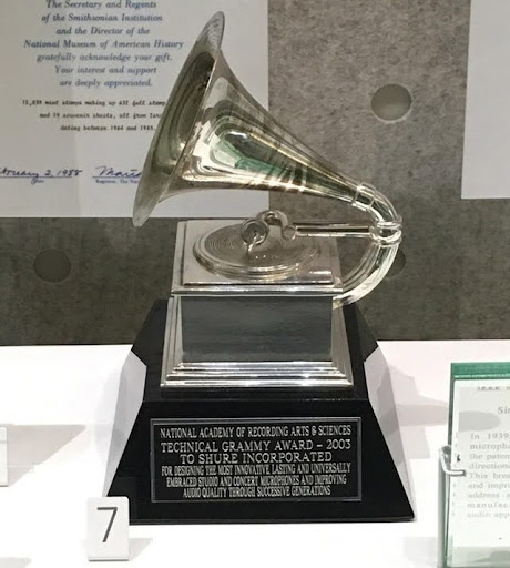 Photo of a silver Grammy award trophy.