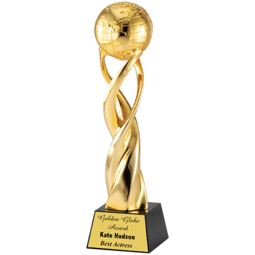 The Golden Globe Spiral Award Trophy features a Gold World Globe mounted on a spiral riser and then mounted onto a black crystal base
