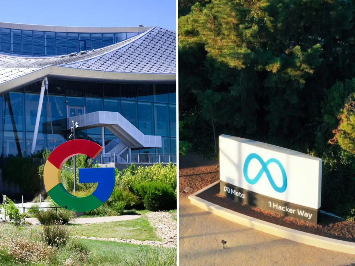 Split photo of the Google headquarters on the left, and Meta headquarters on the right.